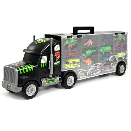 Best Choice Products 22in 16-Piece Kids Giant Transport Semi-Truck Carrier w/ Dinosaur Figures, Helicopter, Jeep, Cars, Fence, Trees, Bushes - (Best Cars Of 1984)