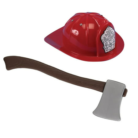 Child Red Fire Chief Fireman Helmet Hat And Toy Ax Axe Costume Firefighter Man