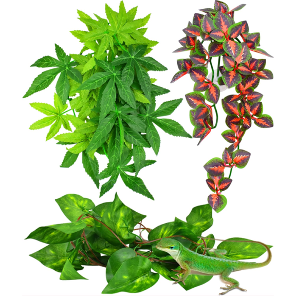 3pcs Aquarium Reptile Plants Artificial Reptile Plants Reptiles Terrarium Leaves Plastic Reptile Habitats Amphibian Hanging Plants Decorations with Suction Cups for Hermit Crab Lizards Geckos Snake