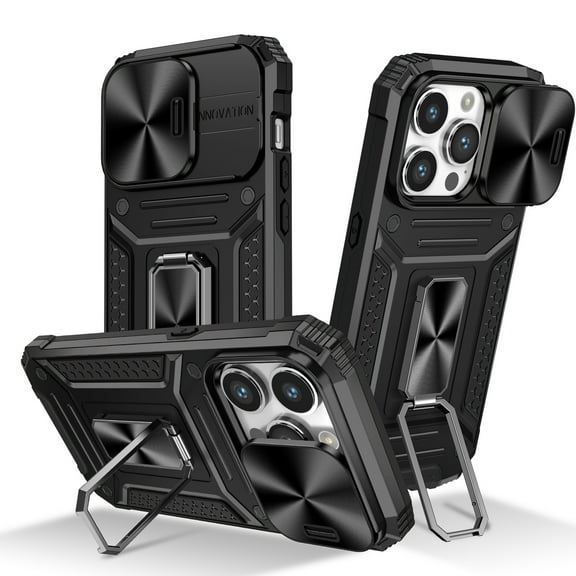 for iPhone 14 Pro Case Heavy Duty with Camera Cover, Build in Kickstand & Magnetic Car, Military Grade Armor Protection Cover,Sturdy Rugged Shockproof Case For iPhone 14 Pro, Black