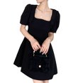 thumbnail image 4 of Vestido corto con mangas abullonadas, lindo, elegante, color puro, ribete con lazo, mangas cortas, vestido abombado para verano, 4 of 8