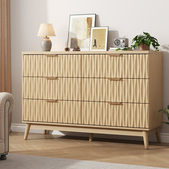 NEGYLIM Fluted Dresser for Bedroom with 6 Drawers, 47.2" Wide Modern Chest of Drawers with Metal Handle, Wooden Dresser TV Stand, Wood Closet Clothes Storage Organizer for Living Room, Hallway, Wood