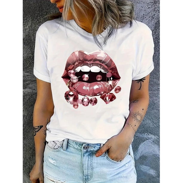 Camiseta Suelta para Mujer Primavera VeranoWomen's Casual Polyester T-Shirt | Diamond Lips Print | Round Neck, Short Sleeve | Stretchy & Machine Washable | All-Season Comfort Fit | Glossy Finish | T