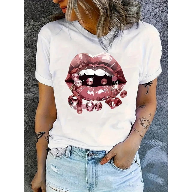 Camiseta informal de algodón para mujer | Estampado de labios de diamante | Cuello redondo y manga corta | Elástica y lavable a máquina | Ajuste cómodo para todo tipo de clima | Acabado brillante | Di