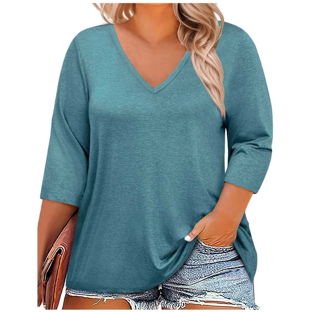 BLVB Womens Plus Size T-Shirts V Neck 3/4 Sleeve Tops Spring Fall Shirts Casual Basic Loose Fit Tunic Tees Clothes