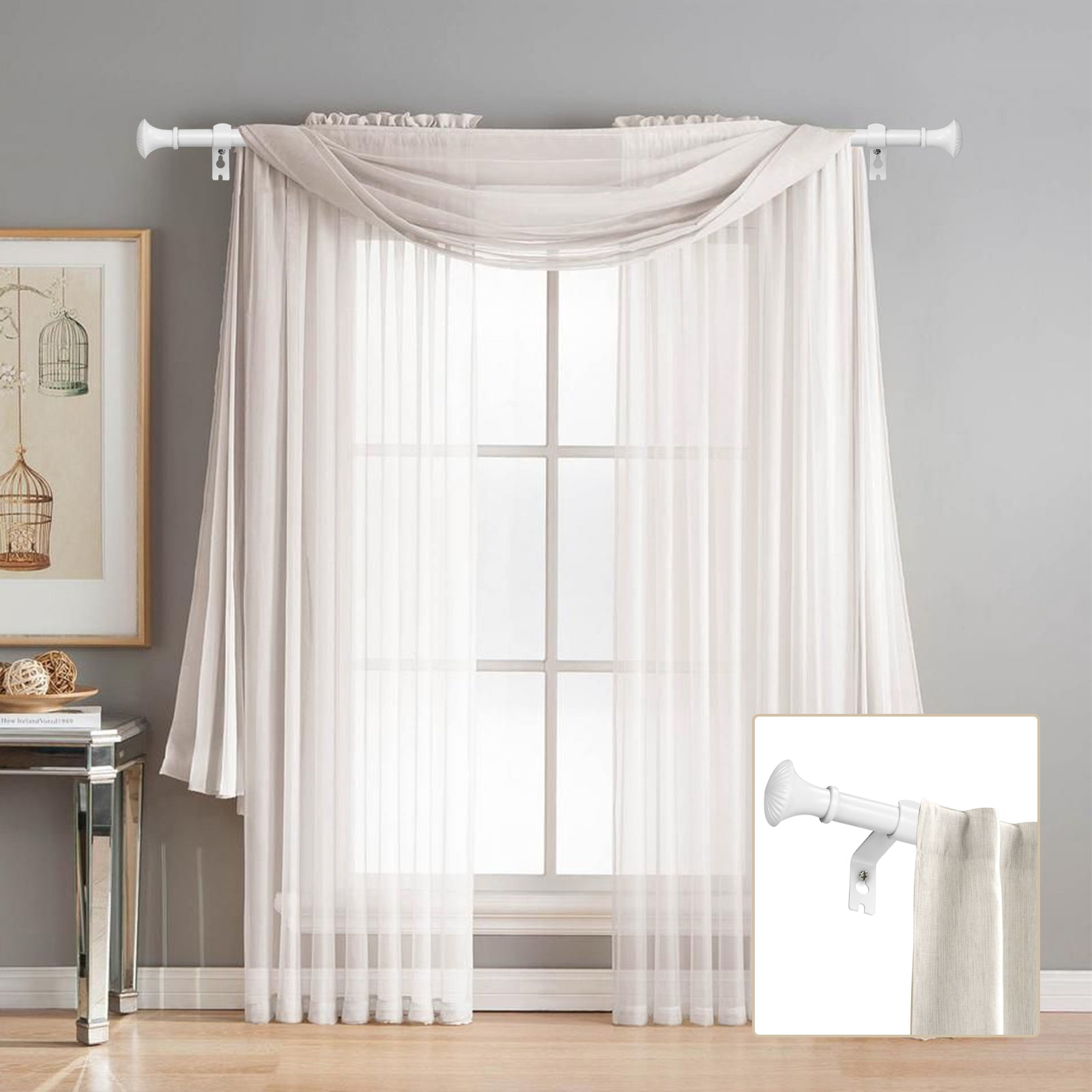 Ridicili 5/8" Telescoping Single Curtain Rods with Trumpet Finials,White, 48"-84"