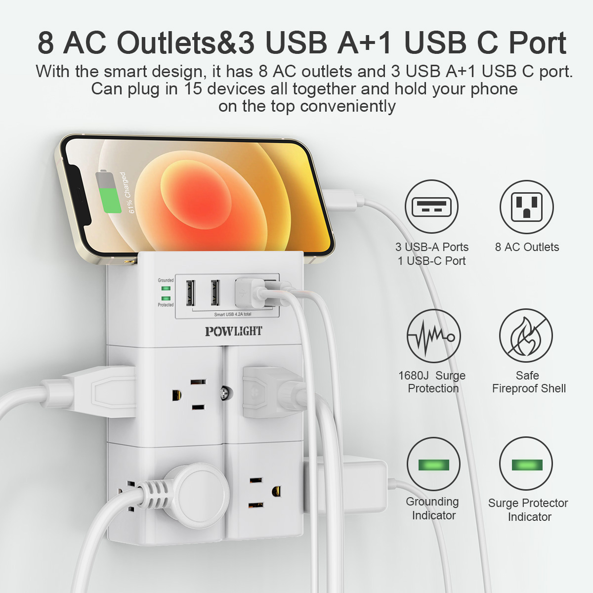 Powlight 8-Outlet Wall-Mount Surge Protector with USB Charging photo 4