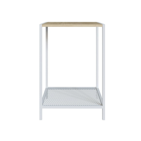 Mesa Lateral Color Blanco y Madera con 1 Entrepaño y Estructura Metálica de Acero MDP