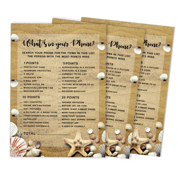 Inkdotpot 50-PackBeachWhats on Your Phone Bridal ShowerGameWedding Shower Bachelorette Party Bulk ActivityGamecards