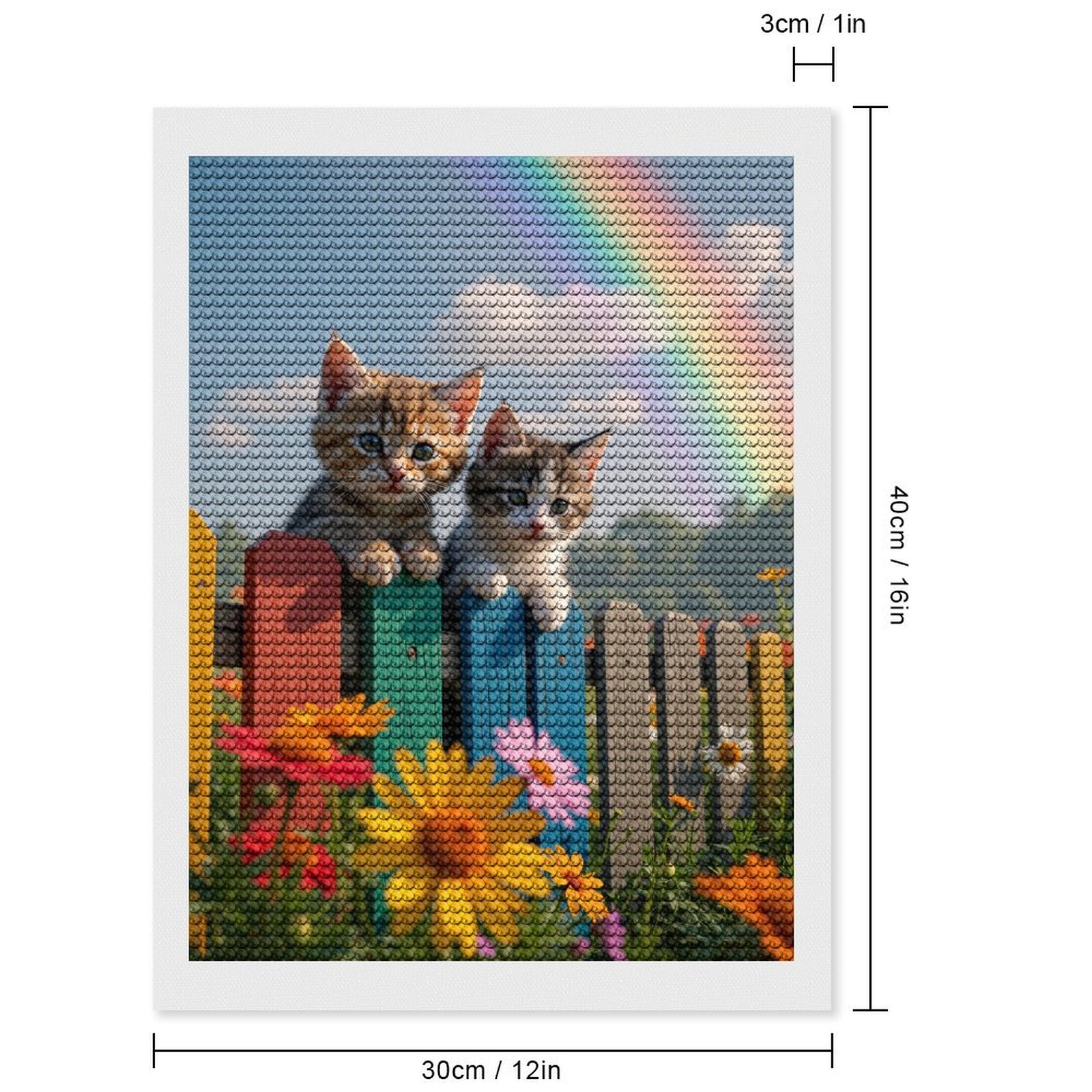 Diamond Art Kits for Adults, Kittens Colorful Fence Rainbow Flowers 5D Diamond Painting Kits for Adults Beginners, DIY Full Drill Diamond Painting, Gem Art and Crafts 12x16