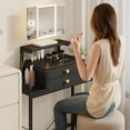 thumbnail image 6 of Vanity Desk with Mirror and Lights, 28.4''W Small Makeup Vanity Table with Height-Adjustable Stand, 2 Fabric Drawers Compact Makeup Desk, Gift for Girls, Bedroom Small Space, Black, 6 of 10