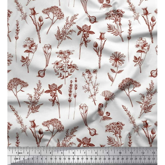 Soimoi Voile de Coton Rouge Tissu Imprimé Floral Feuilles et Primevère au Mètre 42 Pouces de Large