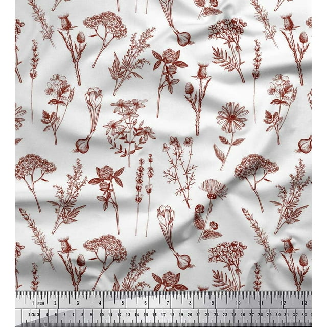 Soimoi Popeline de Coton Rouge Tissu Imprimé Floral Feuilles et Primevère 1 Yard 56 Pouces de Large