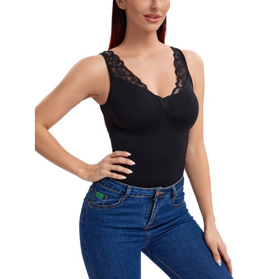 FITVALEN Women's Shapewear Cami with Built in Bra Tummy Control Tank Top V Neck Lace Shaper Camisoles