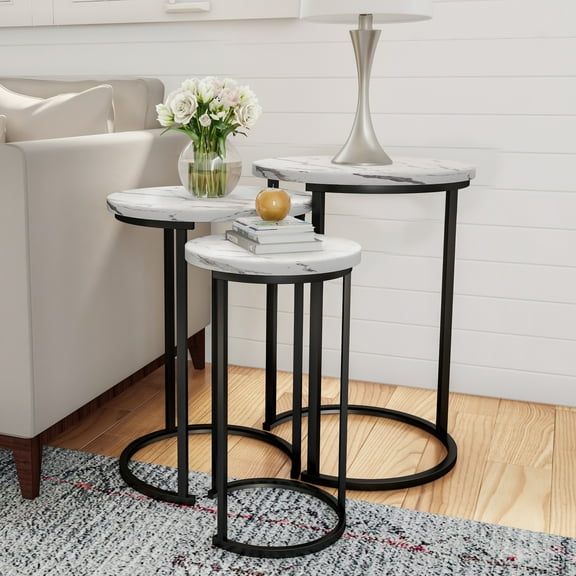 Lavish Home Nesting Tables - Set of 3 Round Side Tables for Living Room, Bedroom, or Home Office, Faux Marble End Table Set, Modern Living Room Furniture, White