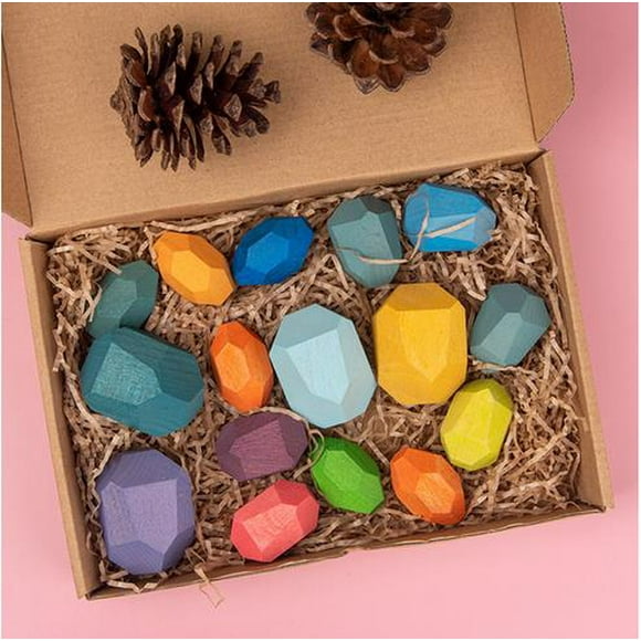 Balancing Blocks, Natural Wood Toy, Colored Wooden Stones Stacking Game Rock Blocks Educational Puzzle Toy
