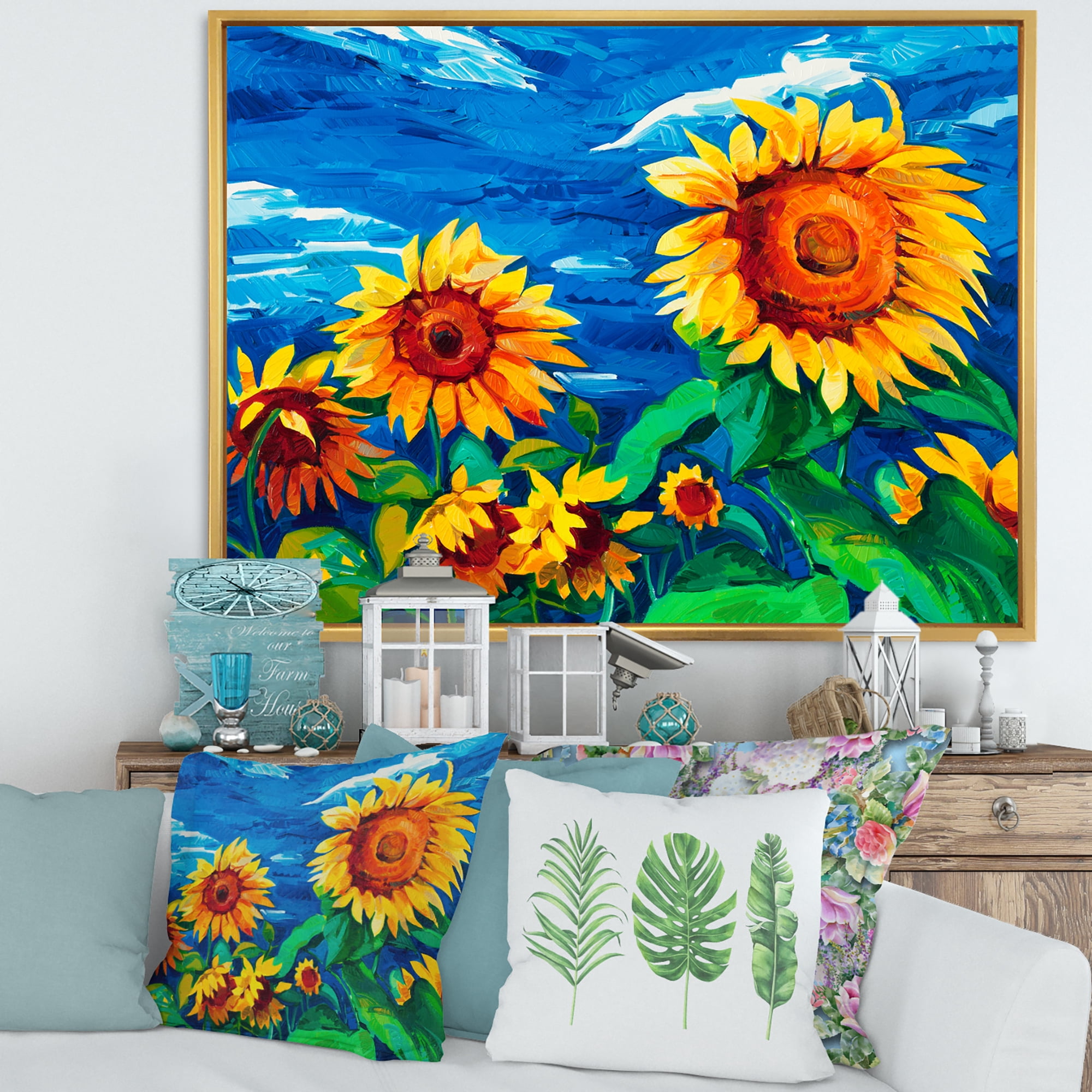 Sunflowers Field Under A Bright Blue Sky 20 in x 12 in Framed Painting Canvas Art Print, by Designart