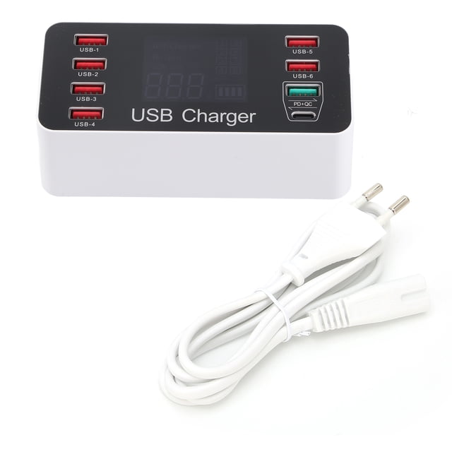 Cargador USB con pantalla LCD, carga rápida tipo C de 8 puertos, 40W para teléfono, tableta y computadora (enchufe de la UE)