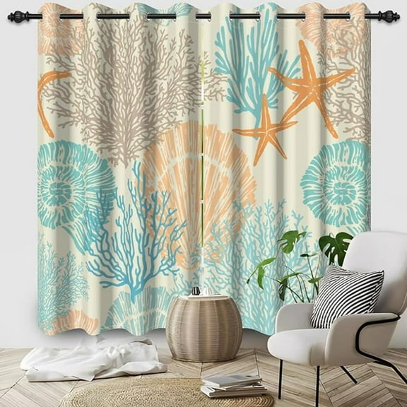 Nautical Coastal Blackout Curtains, Orange Coral Starfish Beach Themed Window Curtains Room Darkening Drapes With Grommets 42"W x 84"L (Pack of 2)