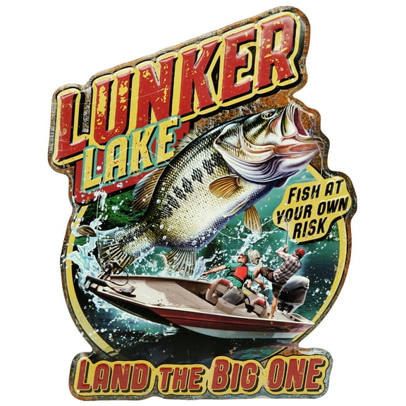 Lunker Lake Fish At Your Own Risk Design Die Cut Tin Sign - Land the Big One Rustic Wall Decor Signs 17" X 22"