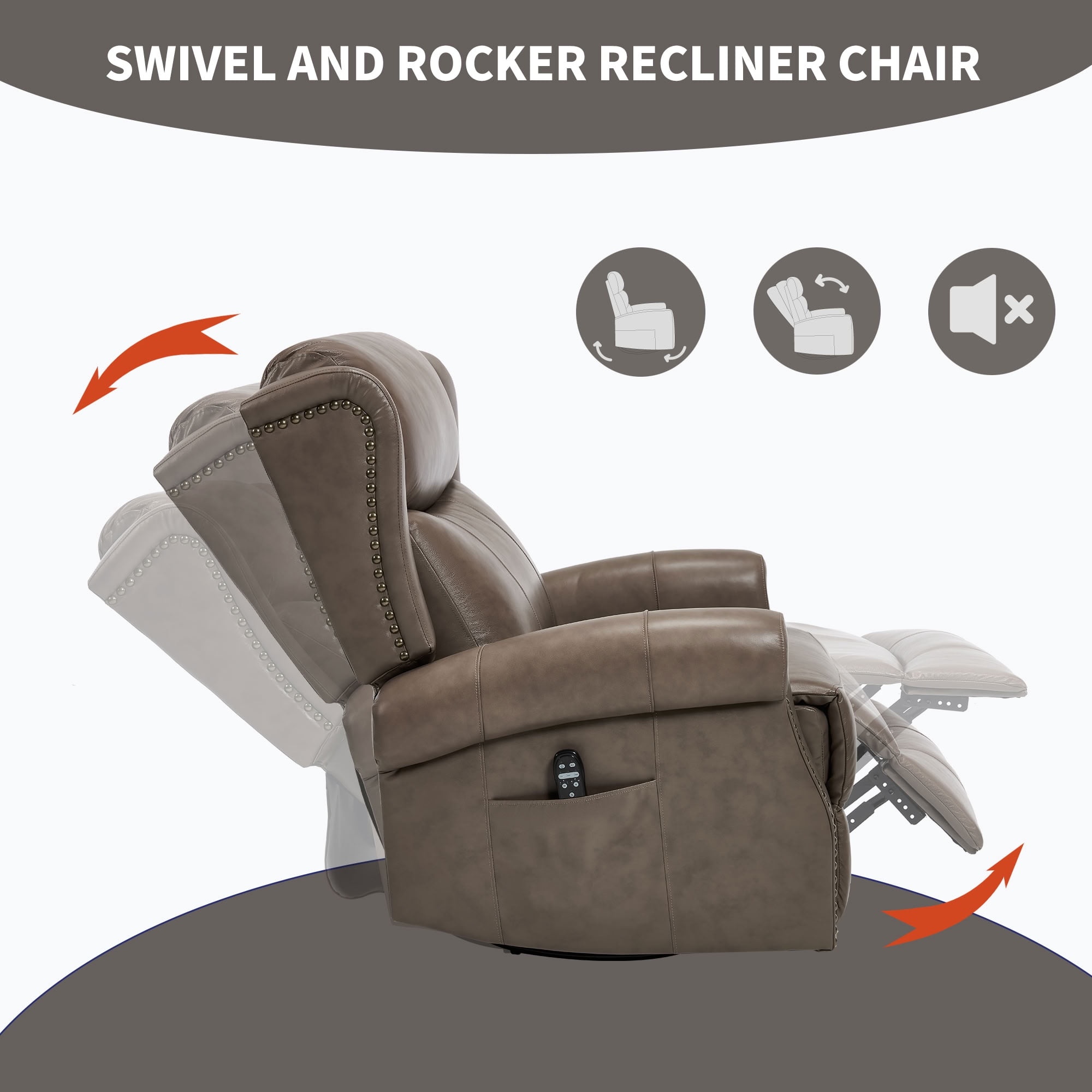 MAYEERTY 360 Degree Swivel Rocker Recliner Chair, Genuine Leather Manual Recline Glider Armchair with 8-Point Vibration Massage & Lumbar Heat, for Living Room Home Theater