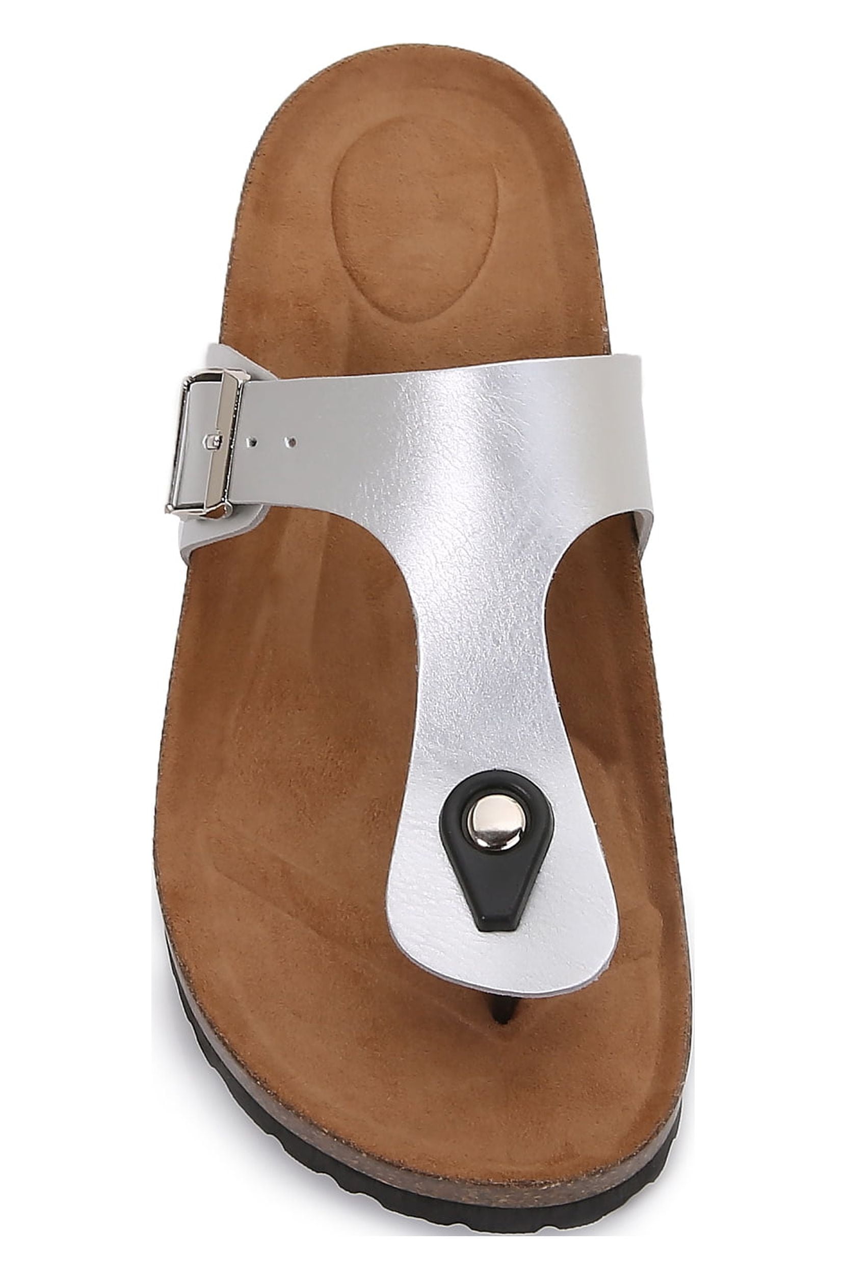 Women Soft Cork Footbed PU Leather Hook and Loop T Strap Flip Flops (PU Silver / 9 )