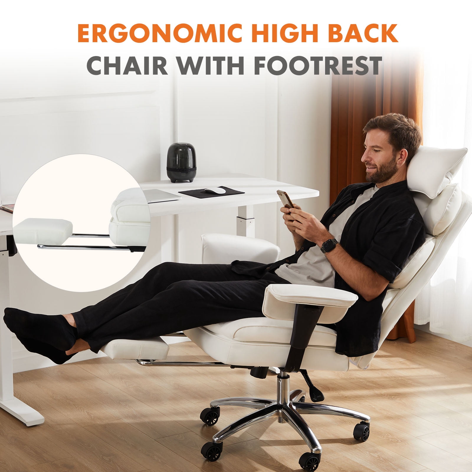 GIANNA Executive Home Office Desk Chair Ergonomic Big Tall High Back with Footrest & Lumbar Support, Reclining Height Adjustable Comfy PU Leather Computer Gaming with Swivel Wheels, White