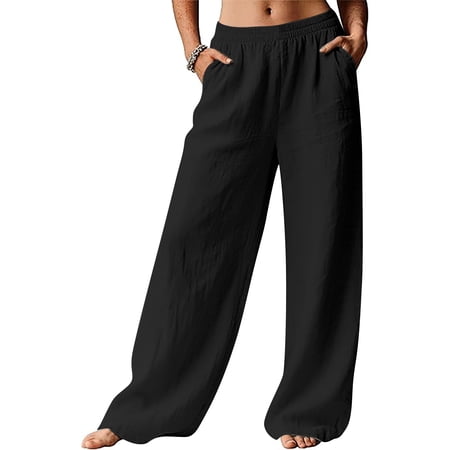 Women s Cotton Linen Pants Solid Color Straight Leg Casual Trousers High Waist Comfortable and Breathable Flowy Pants for Women Loose Fit Everyday Long Pants Black S
