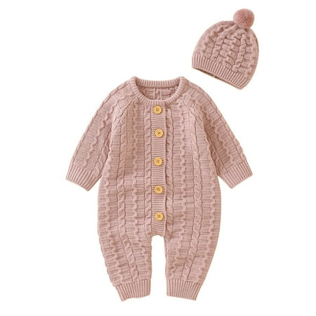 

Zlekejiko Boy Girl Solid Knitted Sweater Baby Jumpsuit Romper Cotton Caps Outfits Sets Clothes