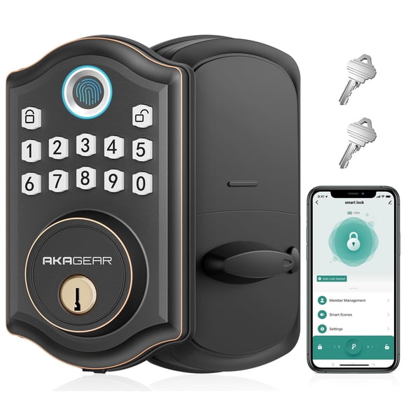 AkaGear Cerradura de puerta de entrada sin llave con control de aplicación - Cerradura de puerta con teclado electrónico con huella digital, cerraduras inteligentes para puerta delantera, bloqueo auto
