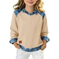 thumbnail image 2 of Sudadera con capucha de manga larga para niñas de 5 a 14 años, color liso, con solapa y parches de mezclilla, 2 of 9