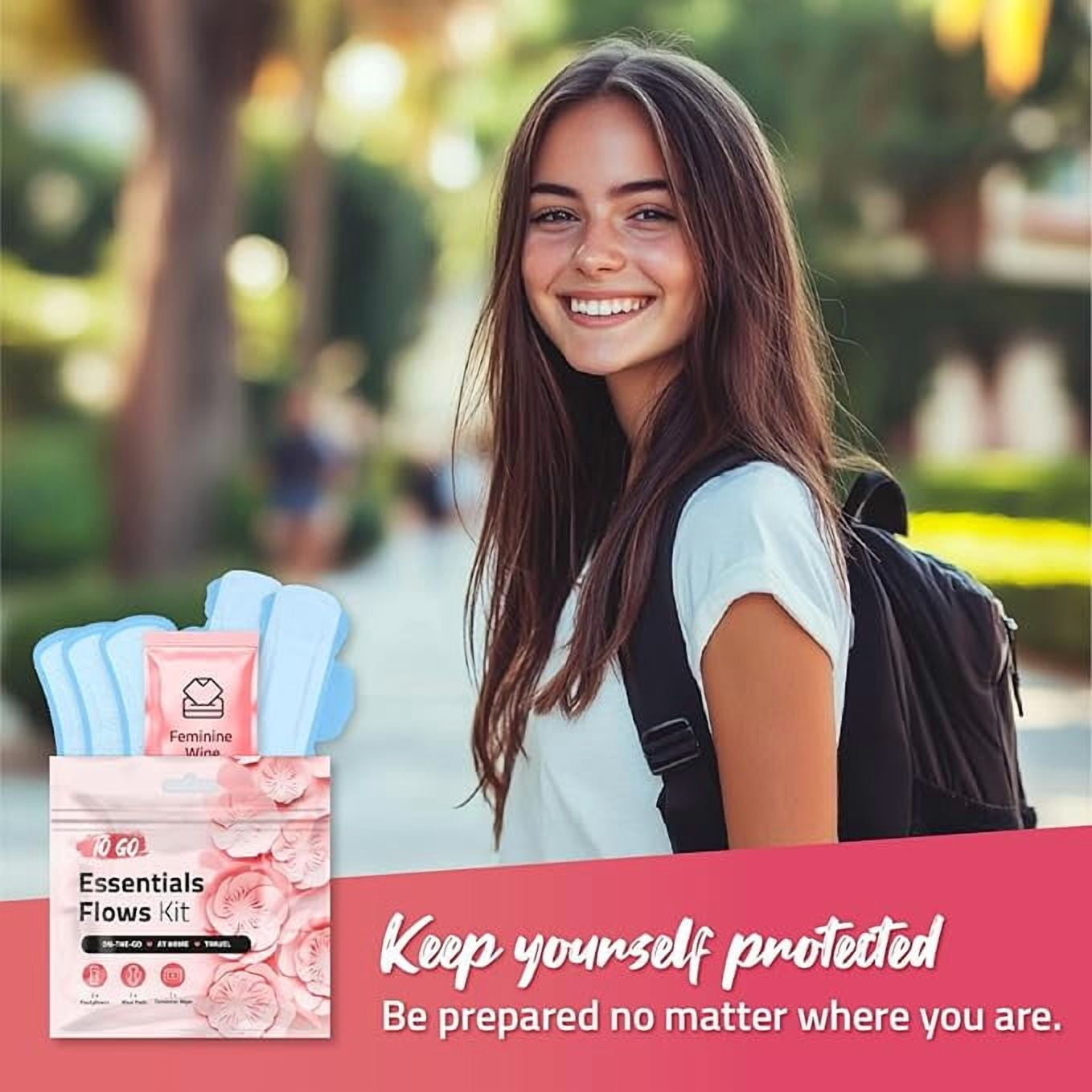 Disposable Essential Flows Period Kit for Girls and Teens - 3 Pantyliners, 2 Maxi Pads & Feminine Wipe | Confidence & Hygiene Essentials for School, First Period, Bulk for Charity (PINK STYLE) (50)