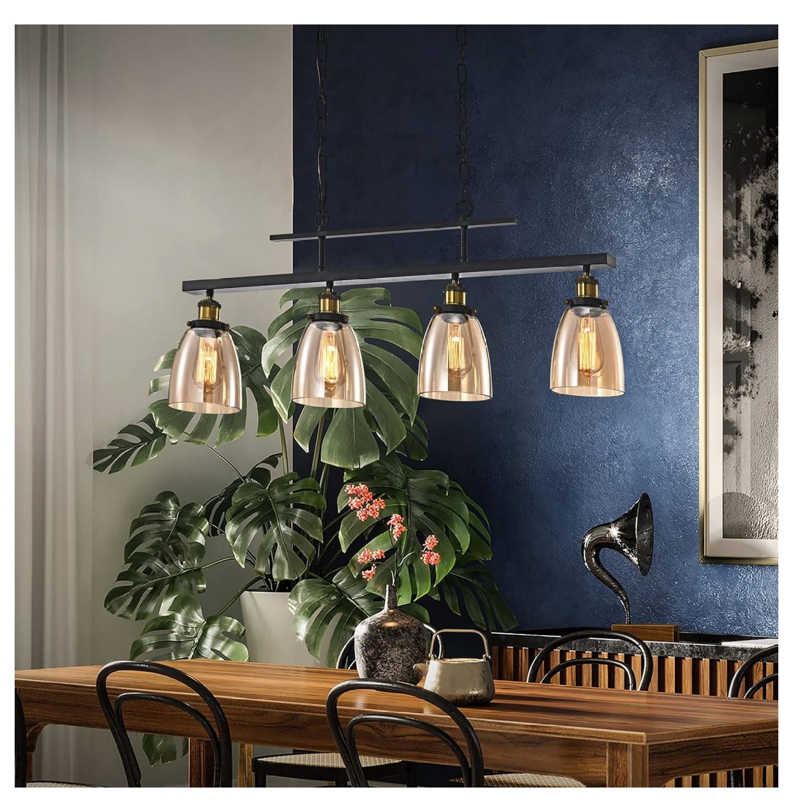 Industrial Chandelier with Amber Glass Shades, Downlight Antique Black Ceiling Light for Kitchen Island, Dining Room, and Pool Table