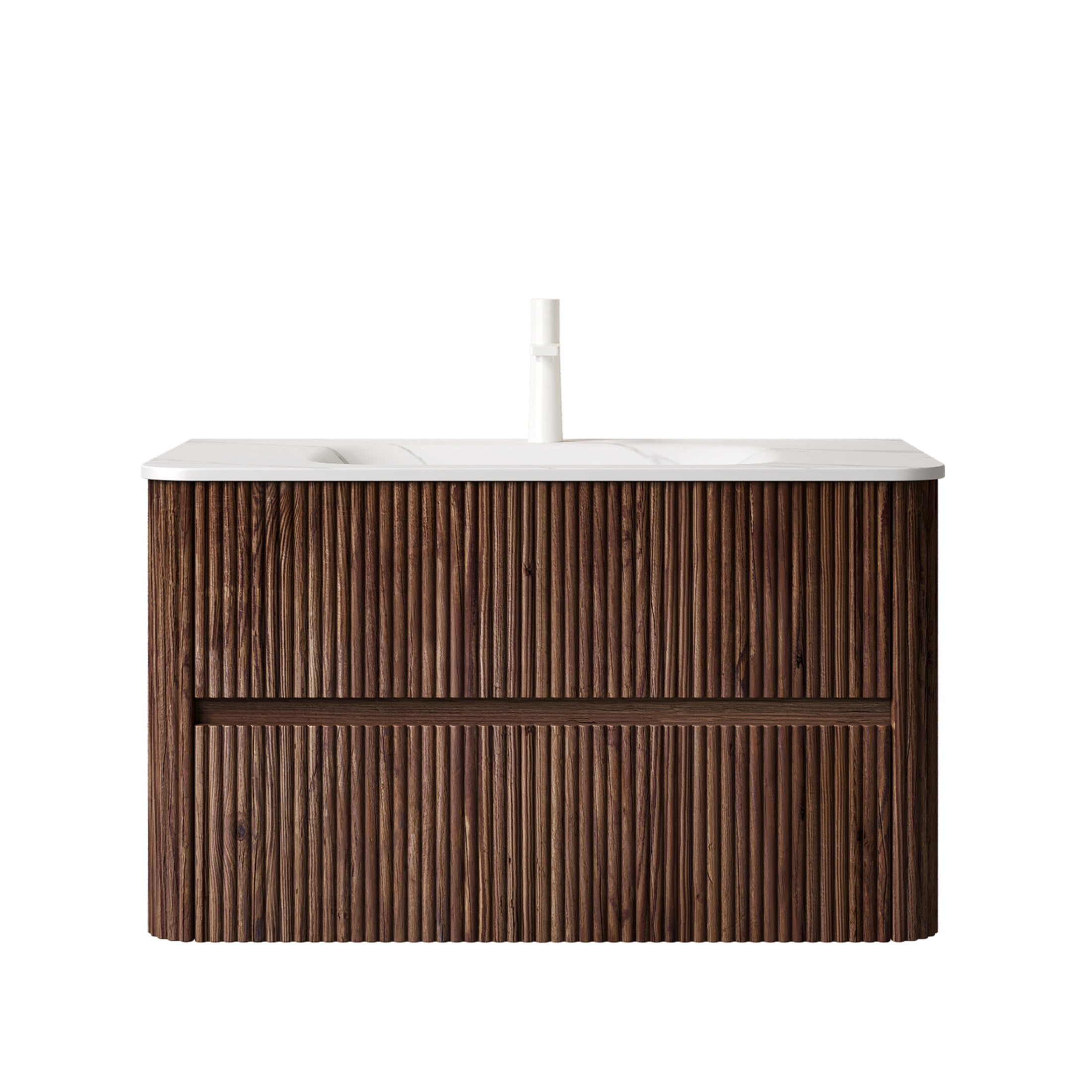 Noble House Noor 36" Floating Bathroom Vanity with Seamless Sintered Stone Basin, Retro Soft-Close Drawers, Walnut