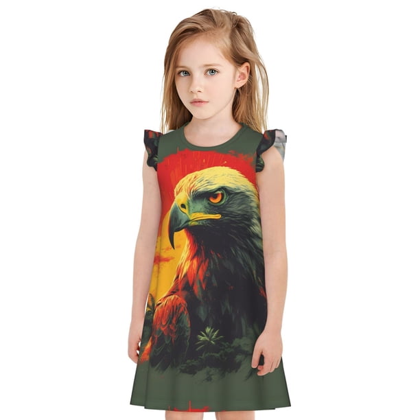 Fotbe Hawaiian Style Bald Eagle Vestido de Dormir para Niñas de 3 a 10 Años, Mangas Cortas, Estilo Princesa, Pijama Camisón con Mangas Voladas-Small