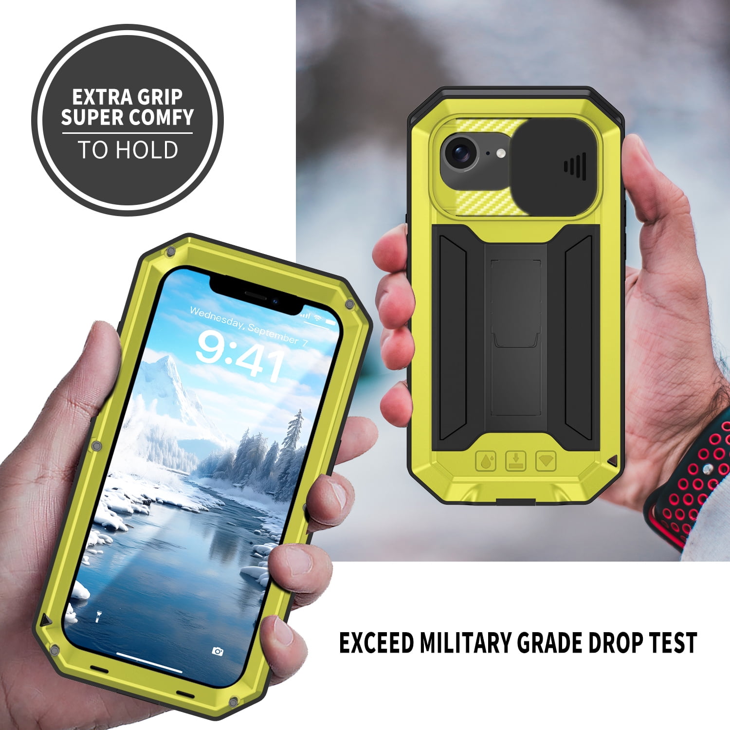 Dteck for iPhone 16E Case with Camera Cover Sliding, Heavy Duty Protection Rugged Screw Full Body Military Grade Metal Rubber with Stand Hard Built in Screen Protector for iPhone 16e 2025,Yellow