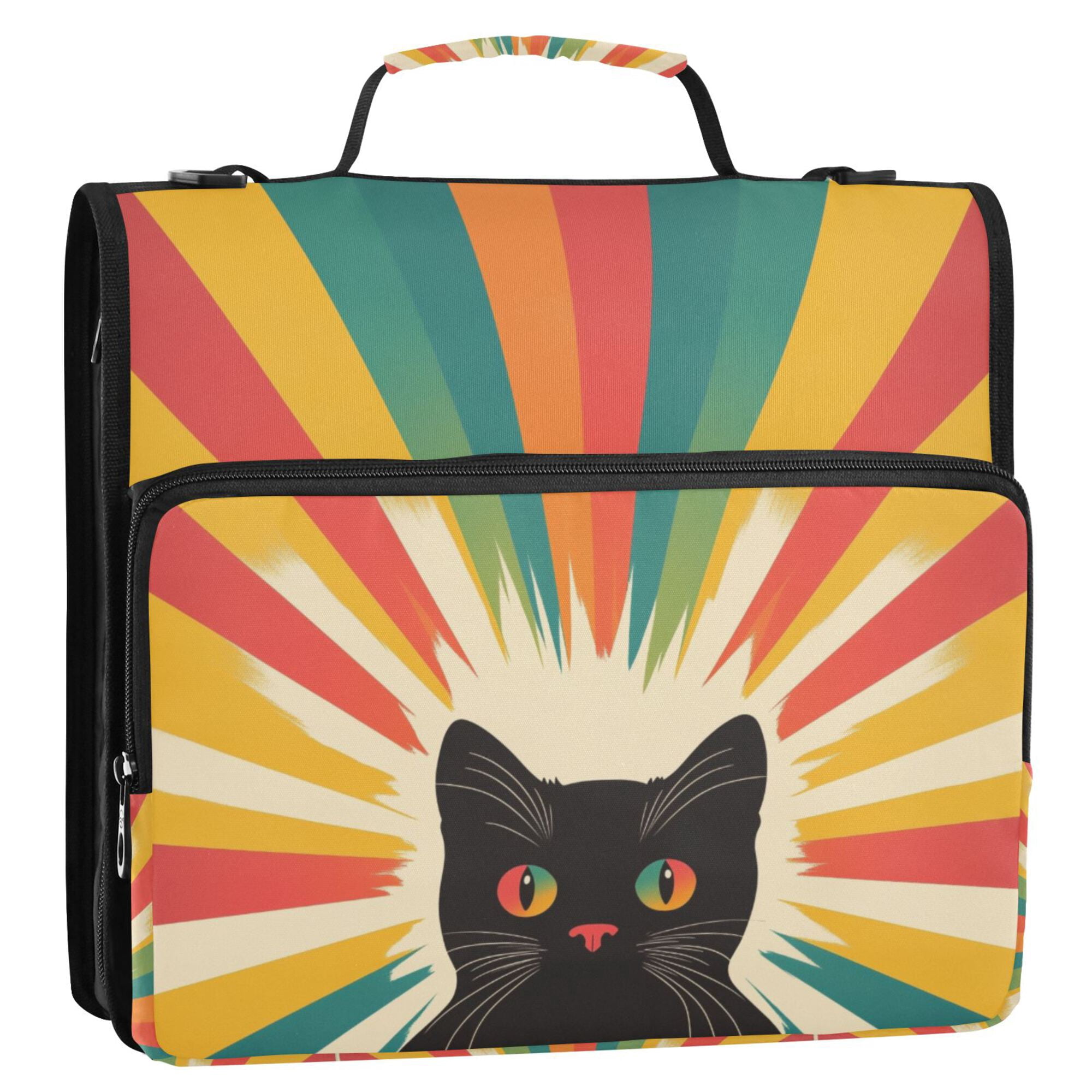 FORMRS Zipper Binder with Shoulder Strap 2-inch Ring 500 Sheet Capacity File Bag, Colorful Black Cat