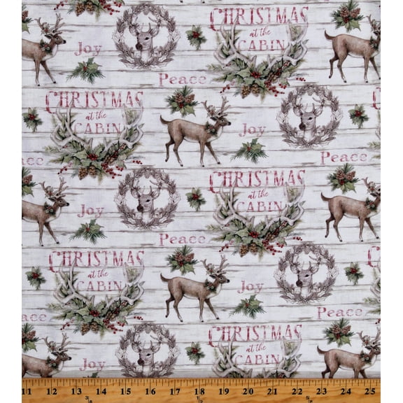 Cotton Christmas at the Cabin Deer Greenery Holidays Winter Cream Cotton Fabric Print by the Yard (77511-G550715)