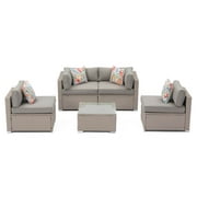 COSIEST 5-Piece Outdoor Furniture Set Gray Wicker Sectional Sofa with Cushions, Glass Table, 4 Floral Fantasy Pillows