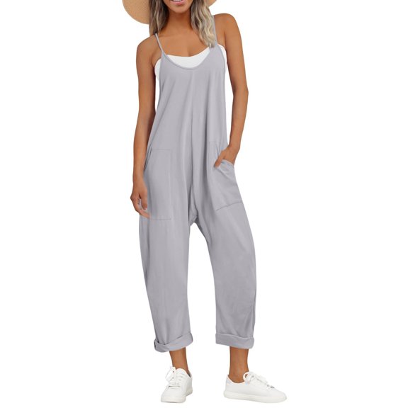 Hueook One Piece Jumpsuits for Women Smocked Ruffle Hem Fashion Women Solid V-Neck Short Sleeve Beach Vacation Pockets Button Long Jumpsuit Blue 2X