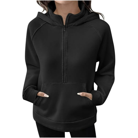 QQAMB Womens Half Zip Hoodies Long Sleeve Pullover Workout Oversized Hooded Sweatshirt Fall Winter Solid Tops with Pocket Black L