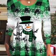 thumbnail image 1 of Plaid & Snowman Print Crew Neck T-Shirt, Casual Long Sleeve Top For Spring & Fall, Women's Clothing, 1 of 5