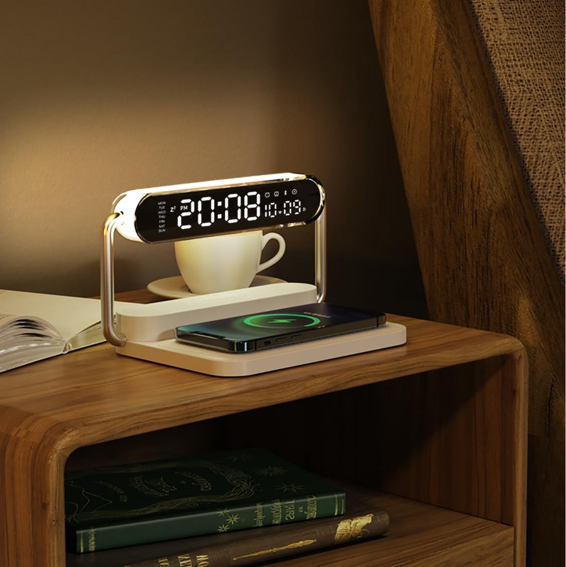4-in-1 Smart Digital Alarm Clock – 15W fast wireless charger, LED display with auto DST & brightness adjustment, USB port, volume control. Ideal for bedroom, desk, nightstand