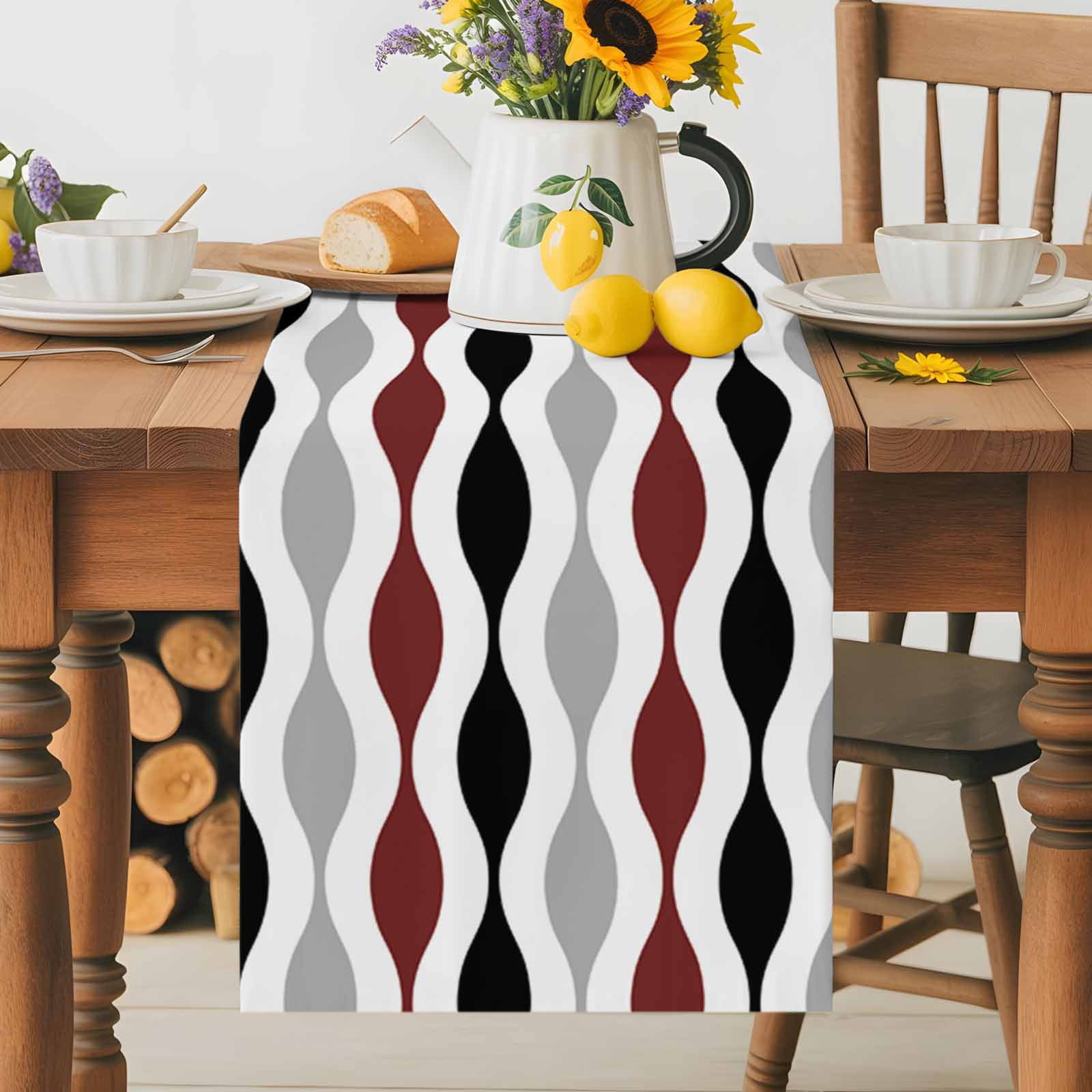 Mid Century Burgundy Red Ripple Table Runner 90 Inches Long, Grey Stripe Abstract Geometric Table Runners Tabletop Scarf Kitchen Dining Tables Decoration for Home Party Indoor Outdoor