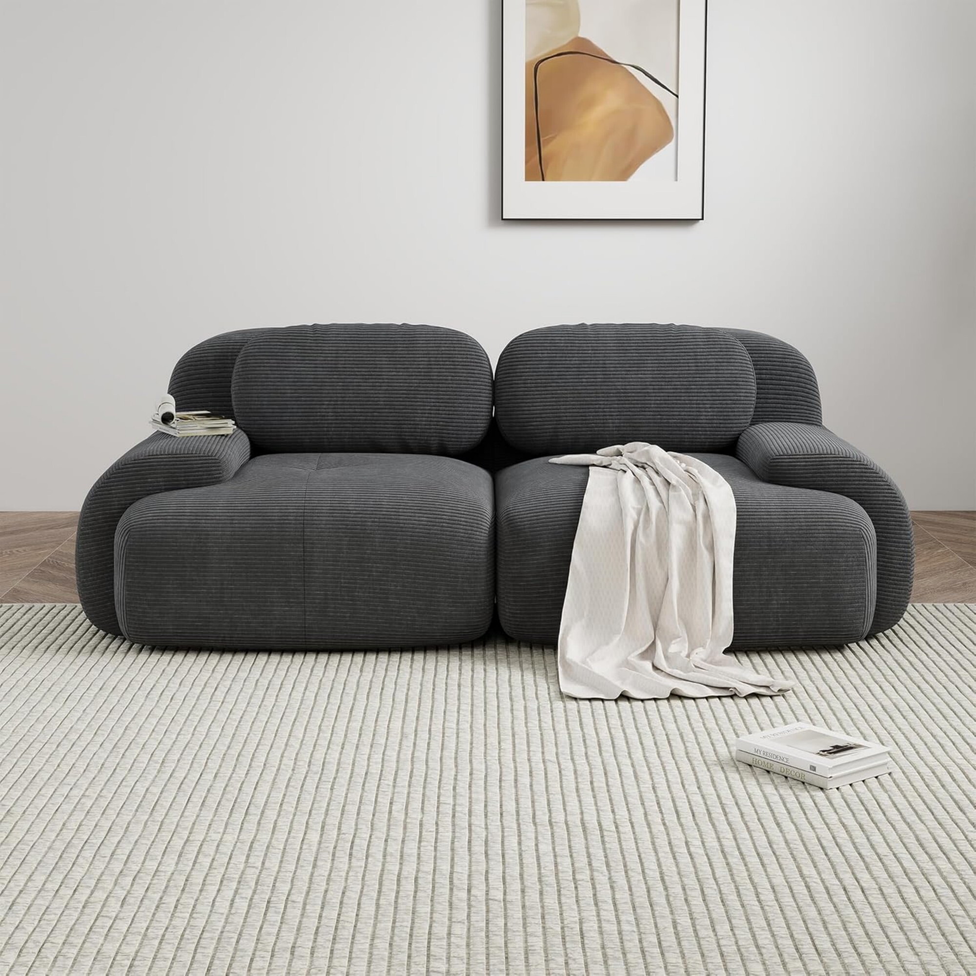 DEALTOPS 82" Oversized Corduroy Loveseat Sofa, Comfy 2-Seater Couch for Living Room & Bedroom, No Assembly, Gray