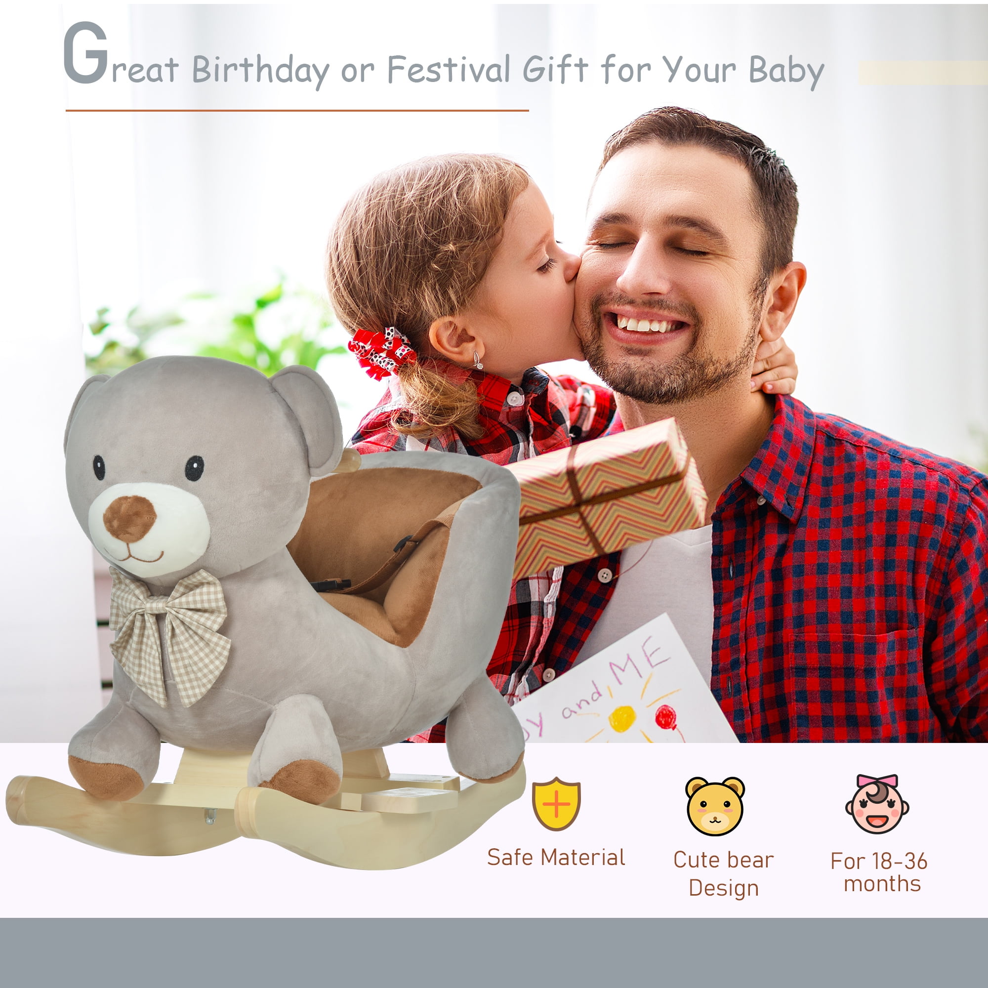 Qaba Kids Rocking Horse, Bear-Shaped Plush Ride on Horse with Sound, Wooden Base & Safety Belt for 18-36 Months, Gray