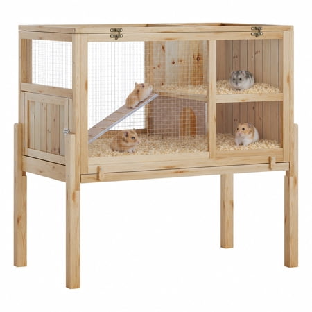BouPower Wooden small animal cage with stand – Elevated hutch with ramp, ideal for guinea pigs, rabbits, hamsters – Sturdy construction – Easy to clean