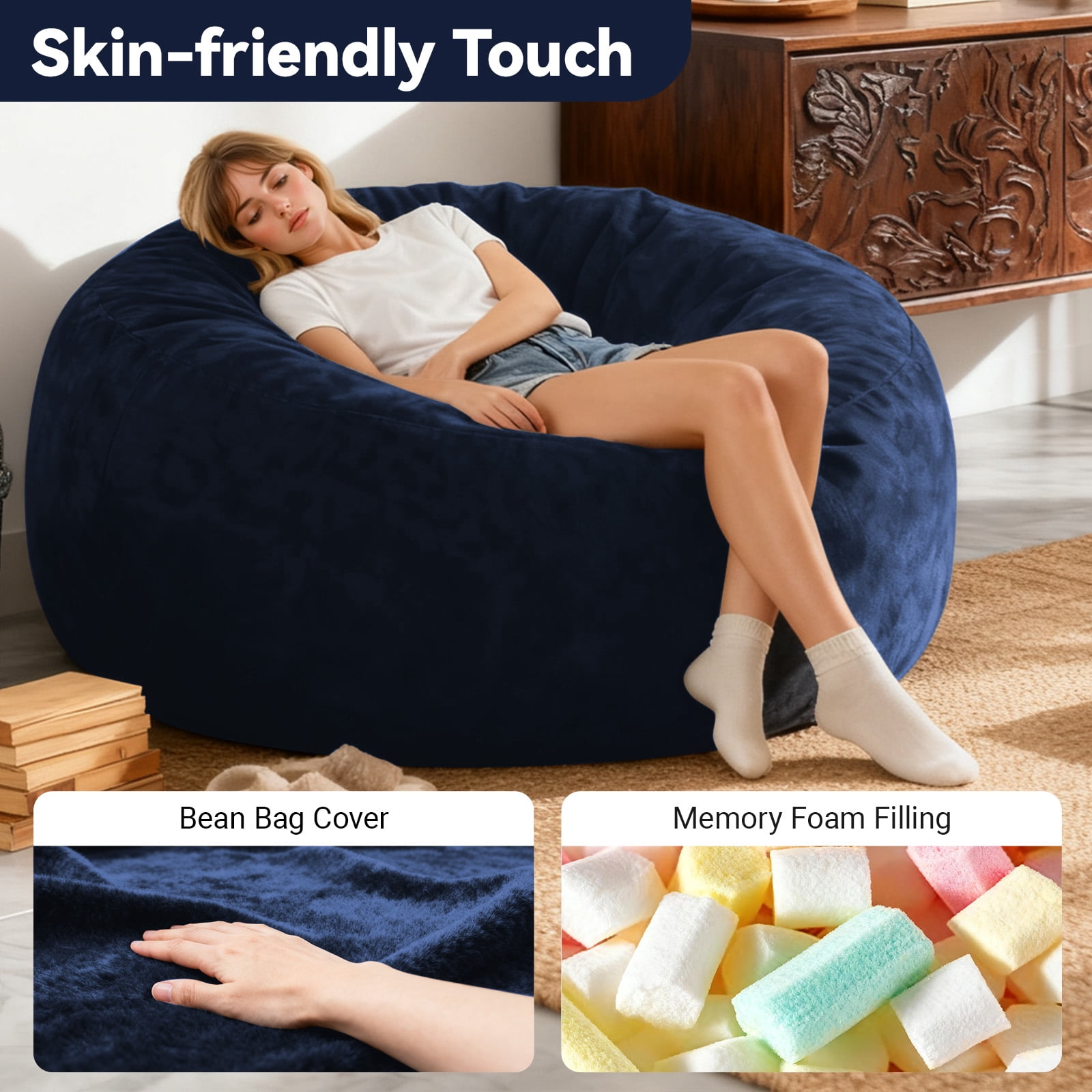4ft Bean Bag Chair Stuffed Memory Foam for Adults ，Medium Size Beanbag Sofa for Living Room, Bedroom or Balcony (blue)