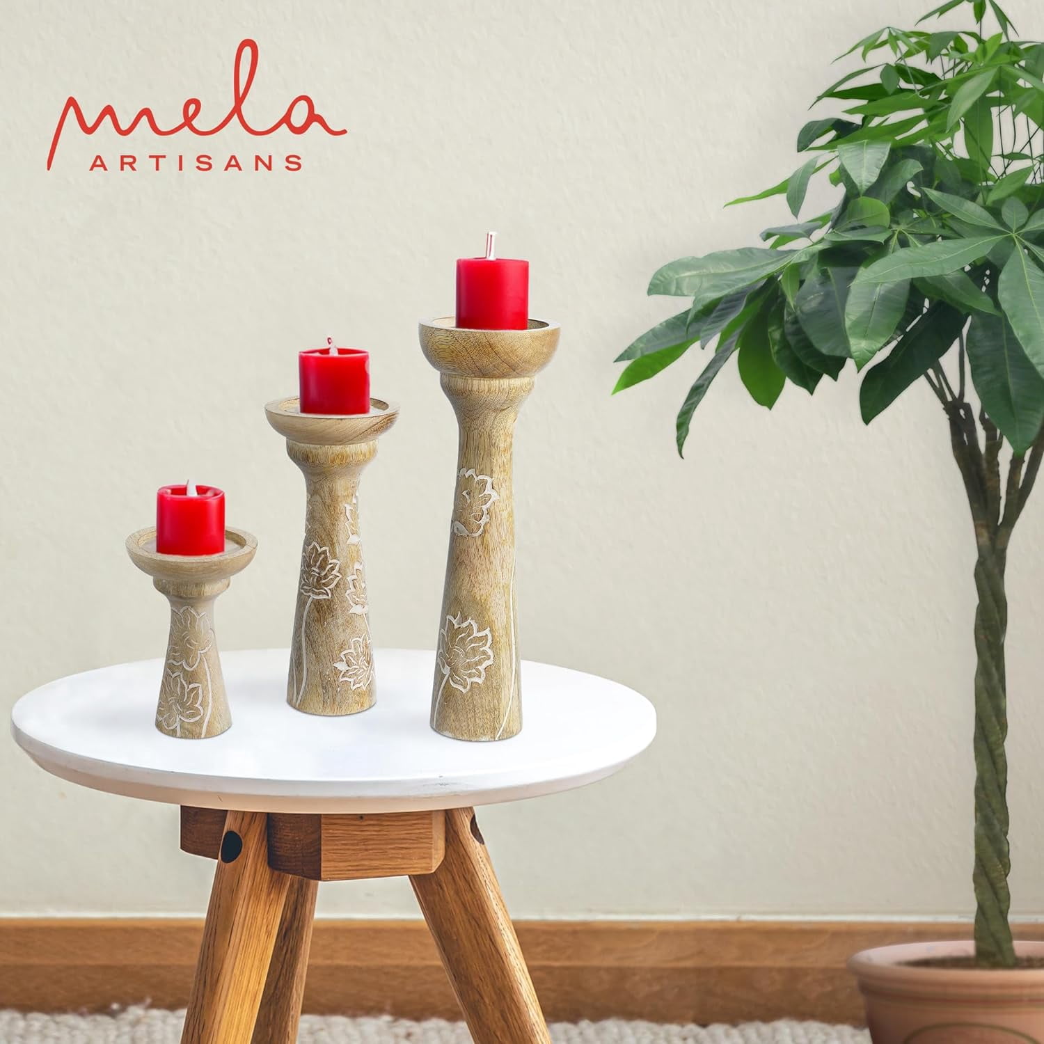 Mela Artisans Lotus Vine Candle Holders for Pillar Candles Set of 3, Mango Wood Candle Holder Set, Whitewash, 6" x 9" x 12"