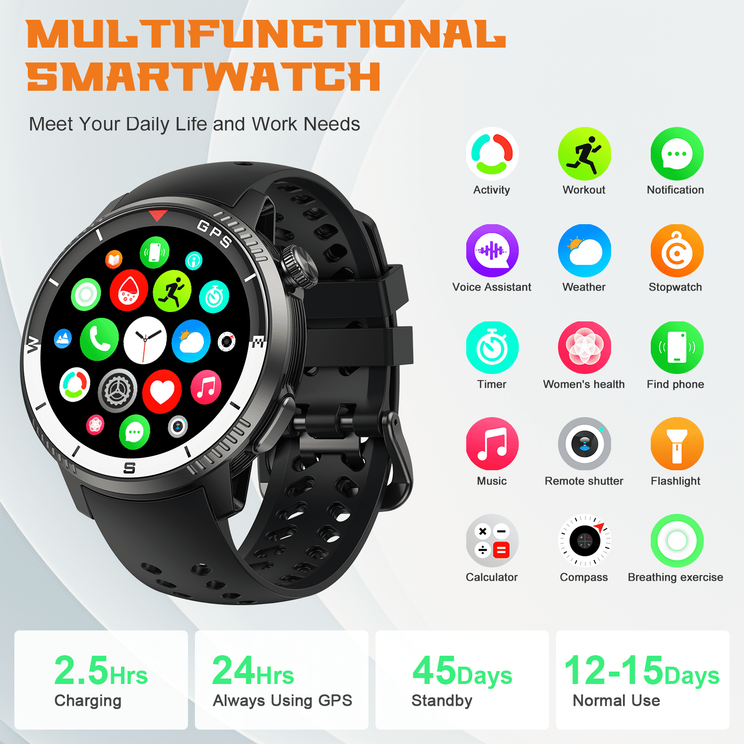GPS Smart Watch(Answer/Make Call), Smartwatch for Men Women, 1.43"HD AMOLED Display, Fitness watch with 170+ Sport Modes, IP68 Waterproof/Pedometer, Activity Tracker for Android iOS